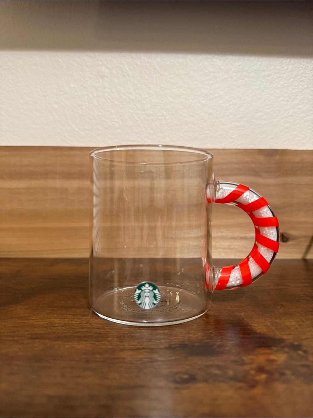 Starbucks Clear Glass Mug with Red and White Striped Candy Cane Christmas Mug